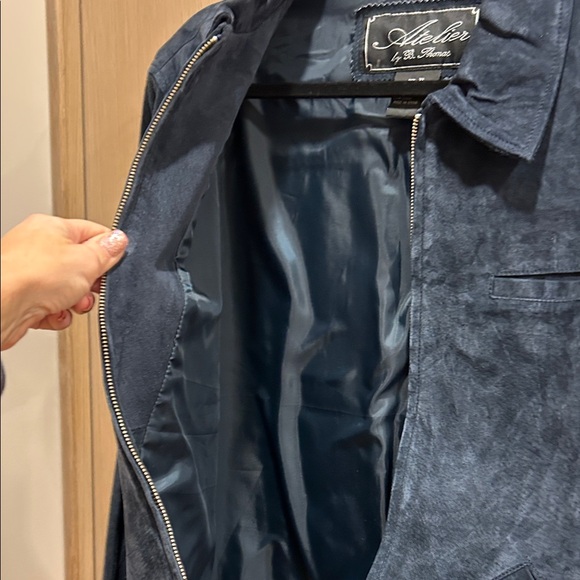 Elegant Navy Suede Bomber Jacket - Picture 4 of 9